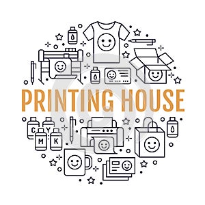 Printing house circle poster with flat line icons. Print shop equipment - printer, scanner, offset machine, plotter