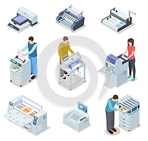 Printing house equipment. Printer plotter, offset cutting machines and people workers. Industrial polygraphy isometric