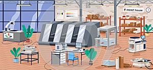 Printing house facility offset production line industrial equipment isometric vector illustration
