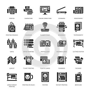 Printing house flat glyph icons. Print shop equipment - printer, scanner, offset machine, plotter, brochure, rubber