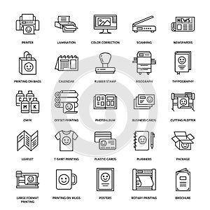 Printing house flat line icons. Print shop equipment - printer, scanner, offset machine, plotter, brochure, rubber stamp