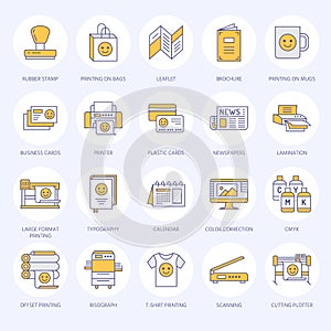 Printing house flat line icons. Print shop equipment - printer, scanner, offset machine, plotter, brochure, rubber stamp