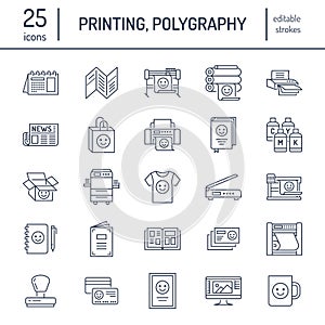 Printing house flat line icons. Print shop equipment - printer, scanner, offset machine, plotter, brochure, rubber stamp