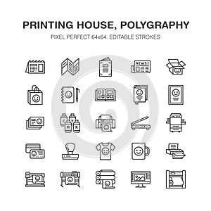 Printing house flat line icons. Print shop equipment - printer, scanner, offset machine, plotter, brochure, rubber stamp