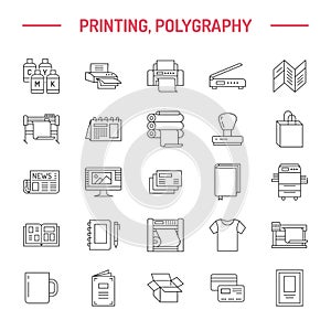 Printing house flat line icons. Print shop equipment - printer, scanner, offset machine, plotter, brochure, rubber stamp