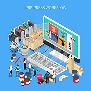 Printing house isometric composition with digital prepress workflow technology software on desktop computer monitor photo