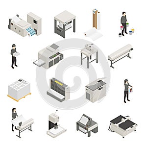 Printing House Isometric Icons Set