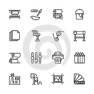 Printing house simple icon set. Contains such symbols printer, scanner, offset machine, plotter, brochure, rubber stamp