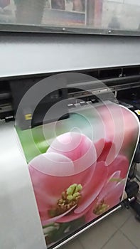 Printing on large format printer. Modern print equipment. Colored print
