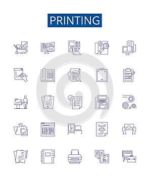 Printing line icons signs set. Design collection of Printing, Ink, Paper, Laser, Press, Colour, Machine, Digital outline