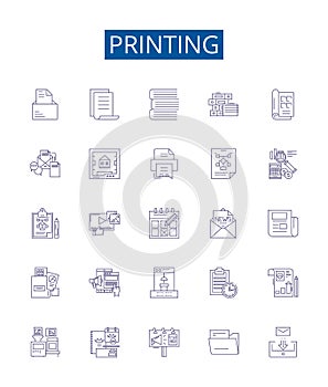 Printing line icons signs set. Design collection of Printing, Ink, Paper, Laser, Press, Colour, Machine, Digital outline