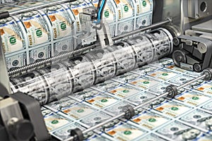 Printing money dollar bills on a print machine in typography.. Finance, tax, stock market and investment, making money concept