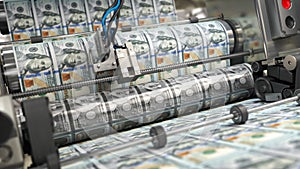 Printing money dollar bills on a print machine in typography.. Finance, tax, stock market and investment, making money concept.