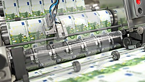 Printing money euro bills on a print machine in typography..