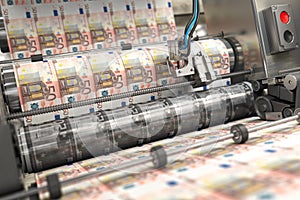 Printing money euro bills on a print machine in typography.. Finance, tax, stock market and investment, making money concept