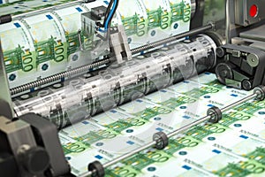 Printing money euro bills on a print machine in typography.. Finance, tax, stock market and investment, making money concept