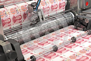 Printing money  yuan of China bills on a print machine in typography.. Finance, tax, stock market and investment, making money