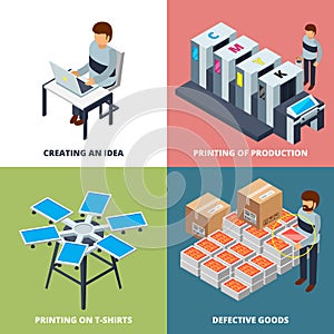 Printing office isometric. Printer laser colored copier plotter offset digital inkjet machines vector 3d pictures