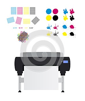 Printing set - printing rosettes, Large inkjet plotter printer and cmyk blots