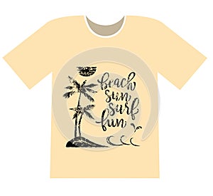 Printing on a T-shirt. Palms on the beach and lettering beach, sun, surf, fun