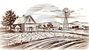 Printmaking farm landscape