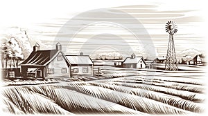 Printmaking farm landscape