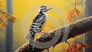 Printmaking And Tempera Painting: Capturing The Beauty Of A Shining Yellow Downy Woodpecker