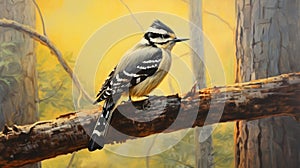 Printmaking And Tempera Painting: Capturing The Beauty Of A Shining Yellow Downy Woodpecker