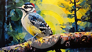 Printmaking And Tempera Painting: Capturing The Beauty Of A Shining Yellow Downy Woodpecker