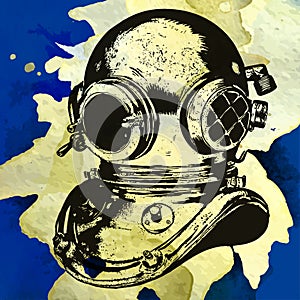 PrintObsoled diving equipment, vector hand drawn poster