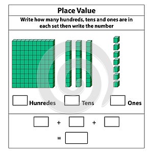 PrintPlace Value hundreds tens and ones. 10 blocks. and single blocks.