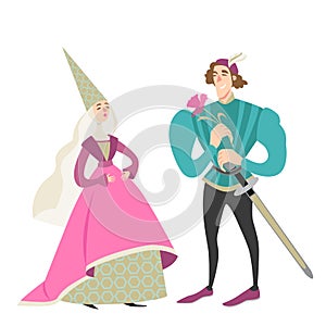 PrintPrincess and prince with a flower. Funny cartoon characters in historical costumes. Middle Ages. A cute fairy couple on a whi