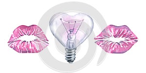 The prints of lips, kisses, lipstick and a heart-shaped glass light bulb are pink. Watercolor illustration. Isolated