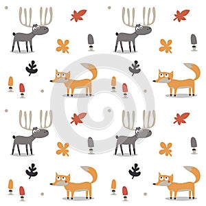 PrintSeamless cute animal autumn pattern fox, deer, moose