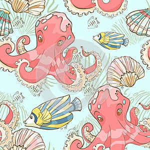 PrintSeamless pattern with hand drawn octopus,sea fish and shells. Vector illustration.