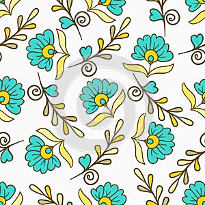 PrintSeamless pattern with yellow and blue modern summer flowers. Vector endless floral texture. Seamless template can be used for