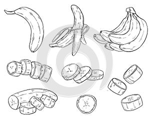 PrintSet of bananas in clip-art style in isolate on a white background. A whole banana, chopped, bunch, peeled, in pieces.