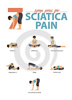 PrintSet of yoga postures female figures Infographic 7 Yoga poses for relive Sciatica Pain in flat design. Vector Illustration. photo