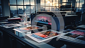 Printshop interior with stack of different broshures and booklets on typography table