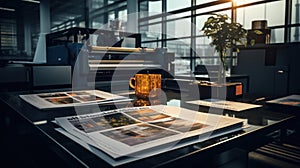 Printshop interior with stack of different broshures and booklets on typography table