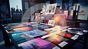 Printshop interior with stack of different broshures and booklets on typography table. Unreadable text.