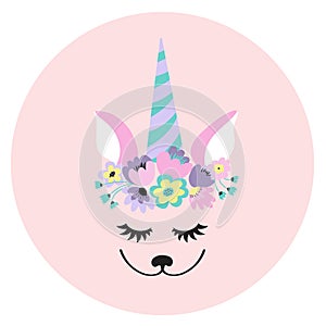 PrintThe face of a cute unicorn, a wreath of flowers on his head. Eyes closed and smiling. Vector illustration on a pink photo