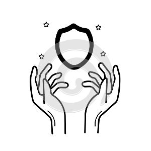 Printtwo hands and shield silhouette vector illustration design