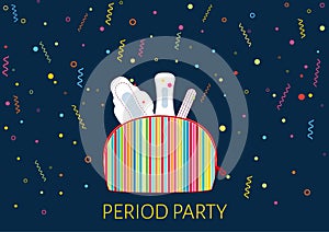 PrintVector illustration of girls kit with menstrual pads and tampon. First woman menstruation period party time. Menstruation per