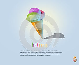 PrintVector polygonal illustration of ice cream on waffle cone, modern food icon, low poly style