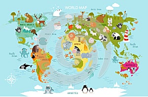 PrintÑŽ Vector map of the world with cartoon animals for kids.