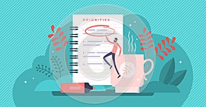 Priorities vector illustration. Tiny agenda importance list persons concept