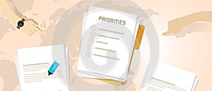 Priority list of priorities important task first prioritize to do action agenda paper folder