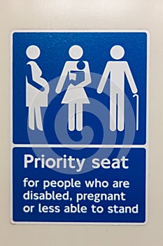 Priority seat for people who are disabled, pregnant or less able to stand sign