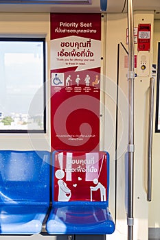 Priority seat on sky for disable passenger. Elderly passenger, pregnant passenger, woman with infant or Monk